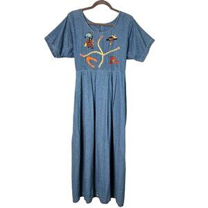 Vintage Cowboy Theme Denim Maxi Dress With Embroidered Rodeo Country Chic M